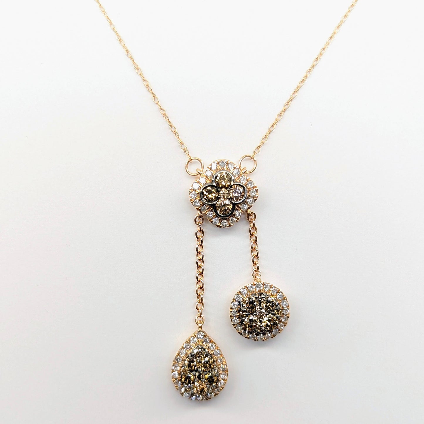 1 CTW Natural Diamond Cognac Clover Round Pear Necklace 10k Rosegold
