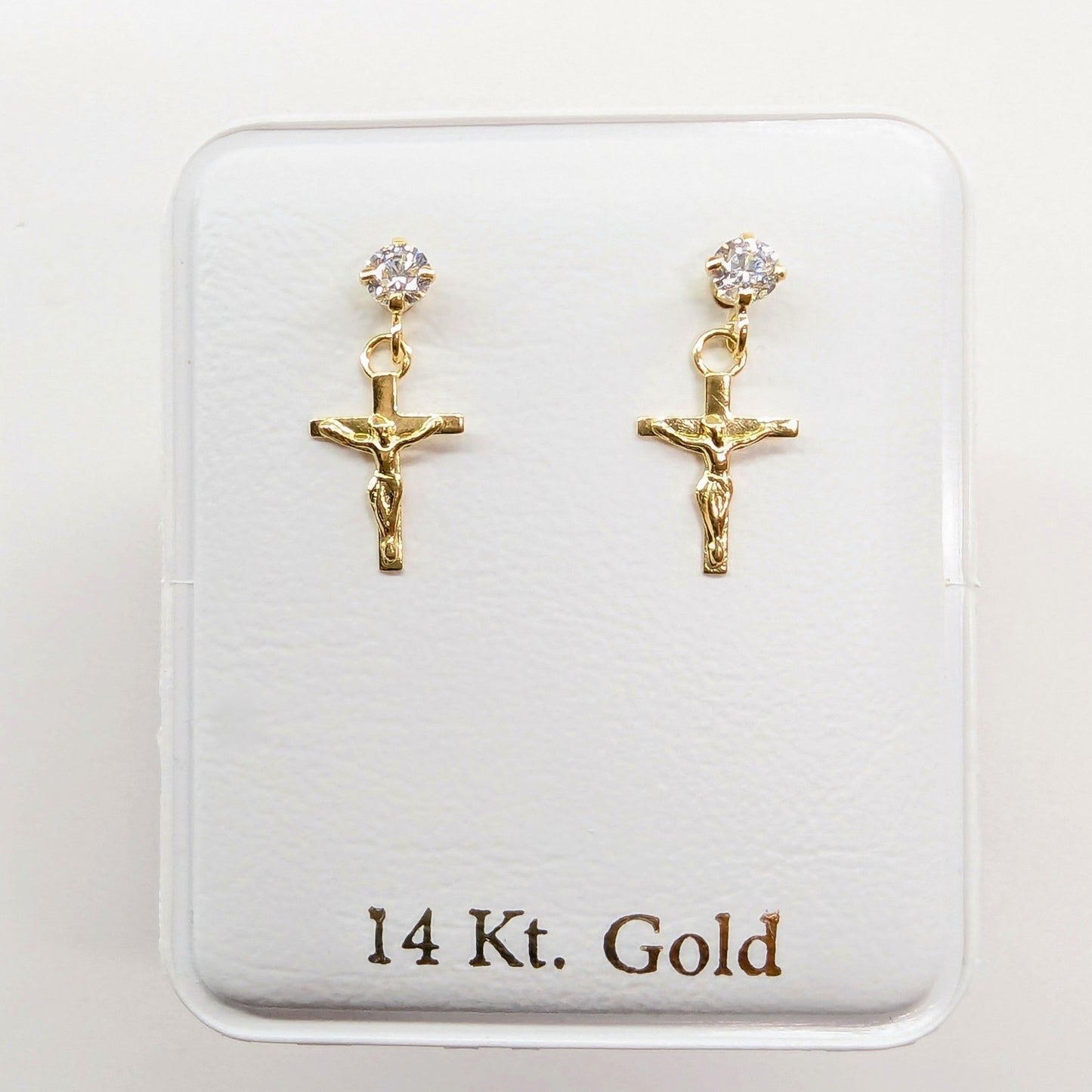 Dangle Cross Earrings 3mm Cubic Zirconia CZ 14k Yellow Gold