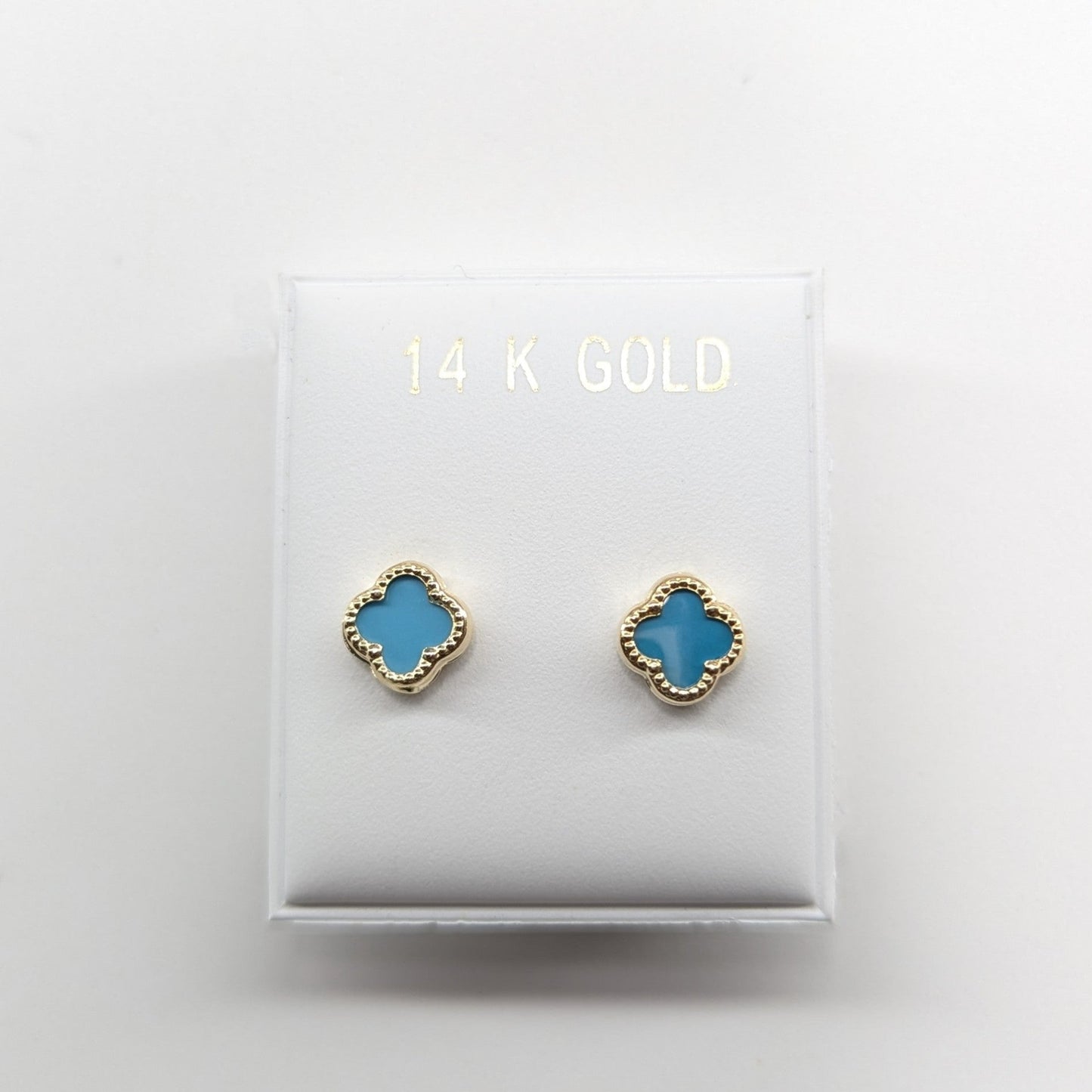 Small Clover Teal Stud Earrings 14k Yellow Gold