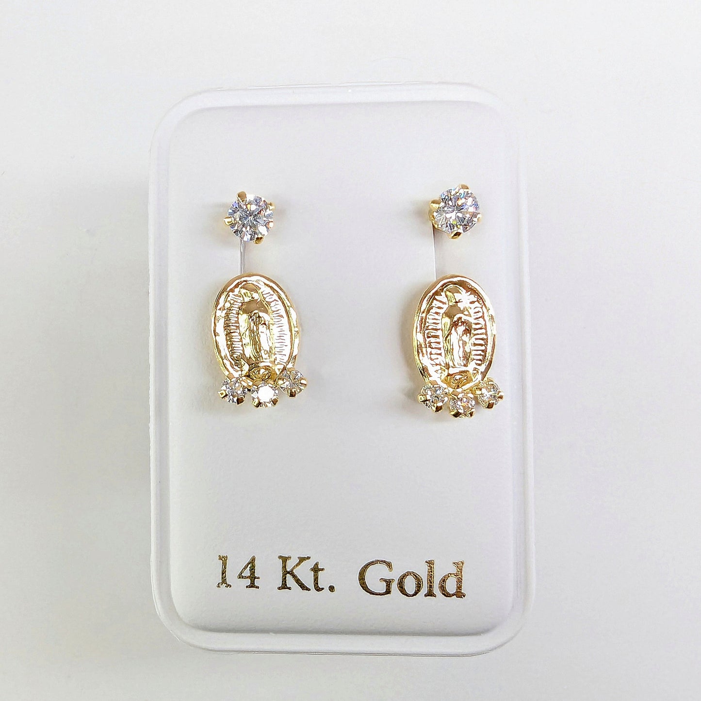 Virgin Mary Guadalupe with 3/2mm Telephone Cubic Zirconia CZ 14k Yellow Gold Earrings
