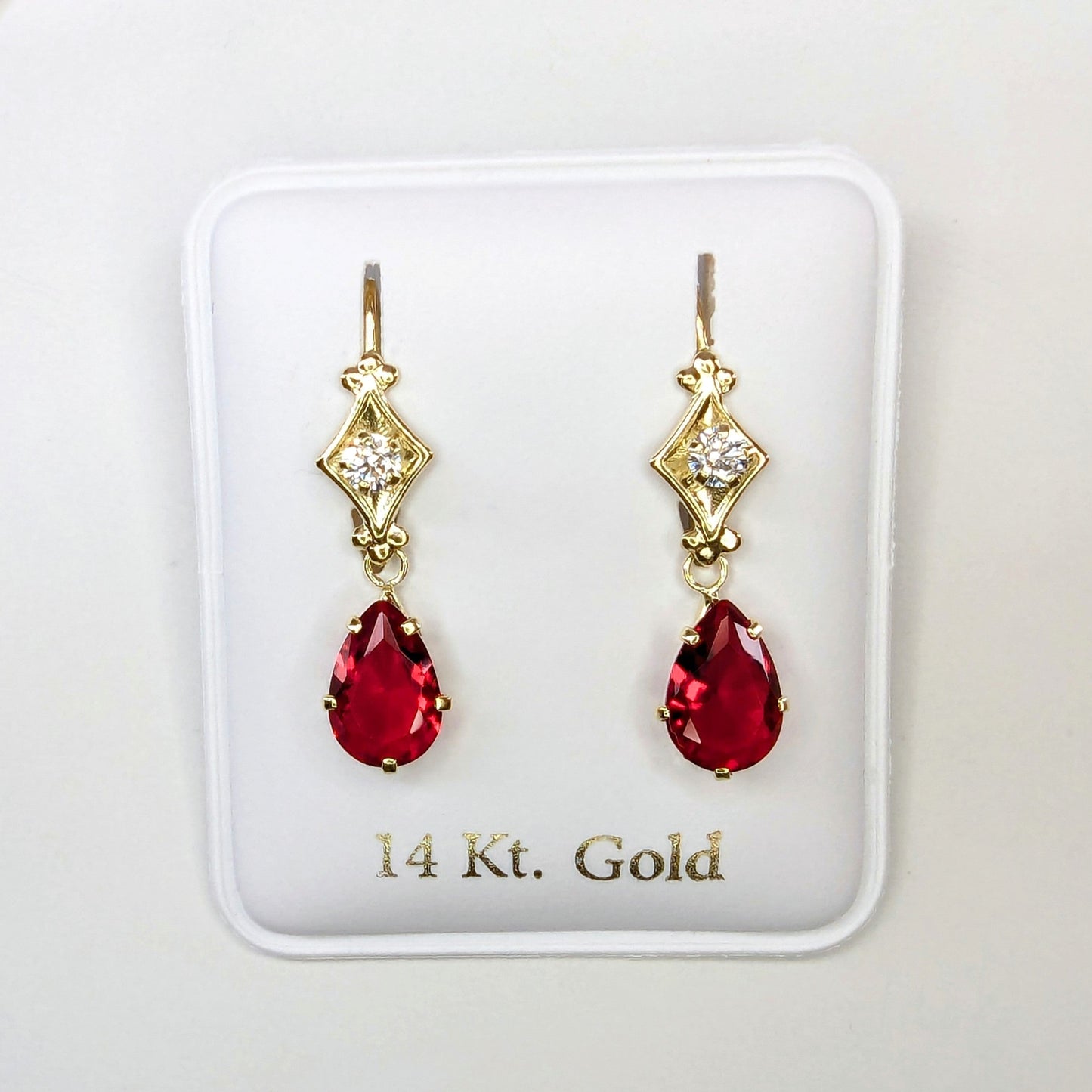 Red Pear Shaped 3mm Cubic Zirconia CZ Dangle Earrings 14k Yellow Gold