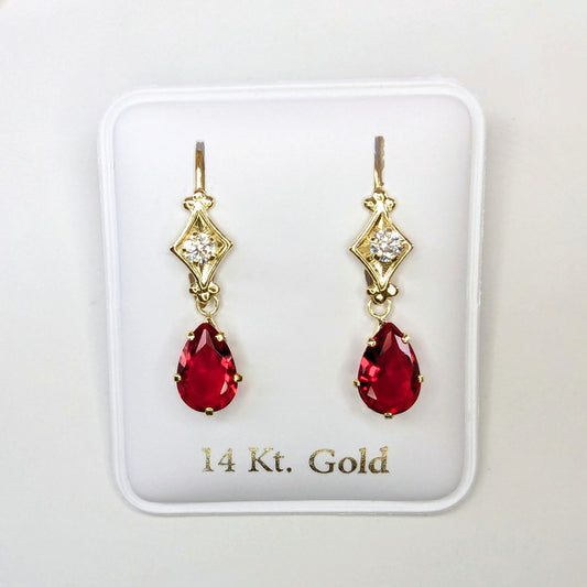 Red Pear Shaped 3mm Cubic Zirconia CZ Dangle Earrings 14k Yellow Gold