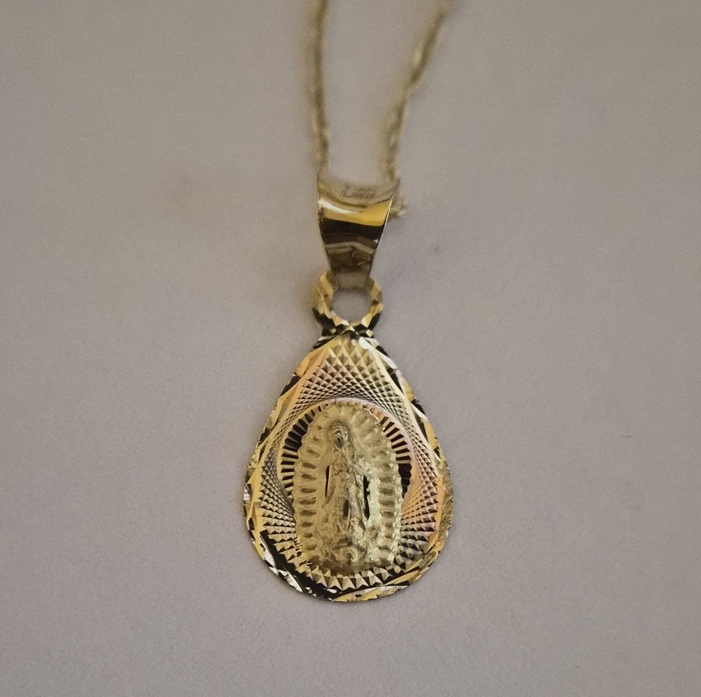 14K Small Virgin Mary Tri Gold Pendent with 18in. Necklace