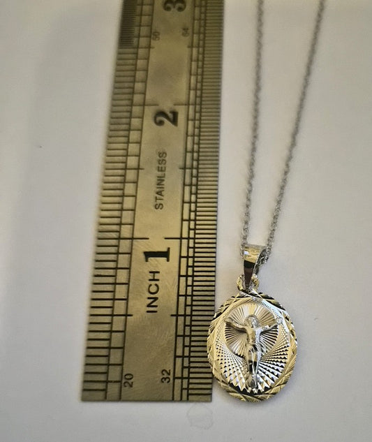 Sterling Silver 925 Double Sided Pendent Virgin Mary and Jesus with 18" Necklace