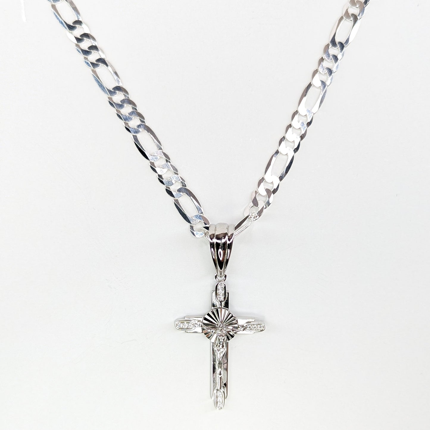 Cross Pendant and Chain Sterling Silver 925 Figaro Solid
