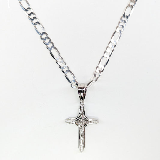 Cross Pendant and Chain Sterling Silver 925 Figaro Solid