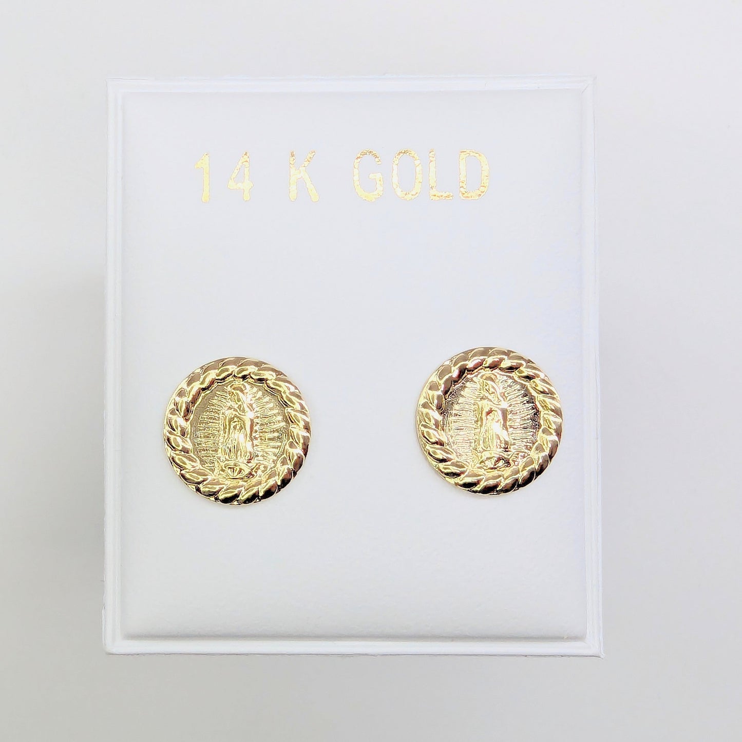Round Virgin Mary Guadalupe Stud Earrings 14k Yellow Gold