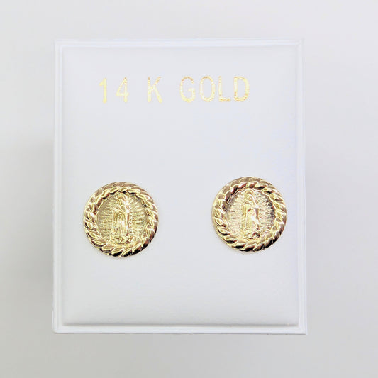 Round Virgin Mary Guadalupe Stud Earrings 14k Yellow Gold