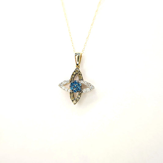 A gold chain displays a four petal flower-shaped diamond pendant. Two pendants show white diamonds and two pendants show cognac diamonds. All four connect featuring a central blue stone.