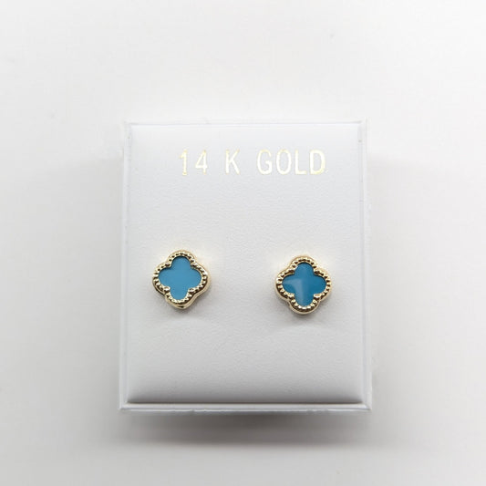 Small Clover Teal Stud Earrings 14k Yellow Gold