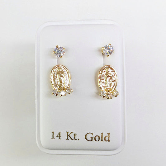 Virgin Mary Guadalupe with 3/2mm Telephone Cubic Zirconia CZ 14k Yellow Gold Earrings